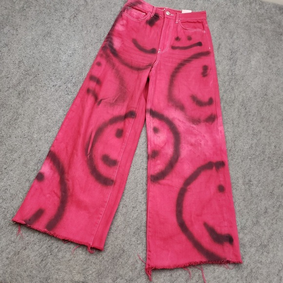 H&M Jeans Womens 2 Red Black Straight Baggy Wide Leg Smiley Face Ladies Y2K - Picture 2 of 12
